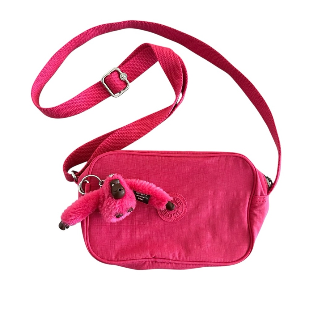 Kipling Abanu Crossbody Bag Fuchsia Hot Pink Nylon Purse w/ Fuzzy Monkey Charm
